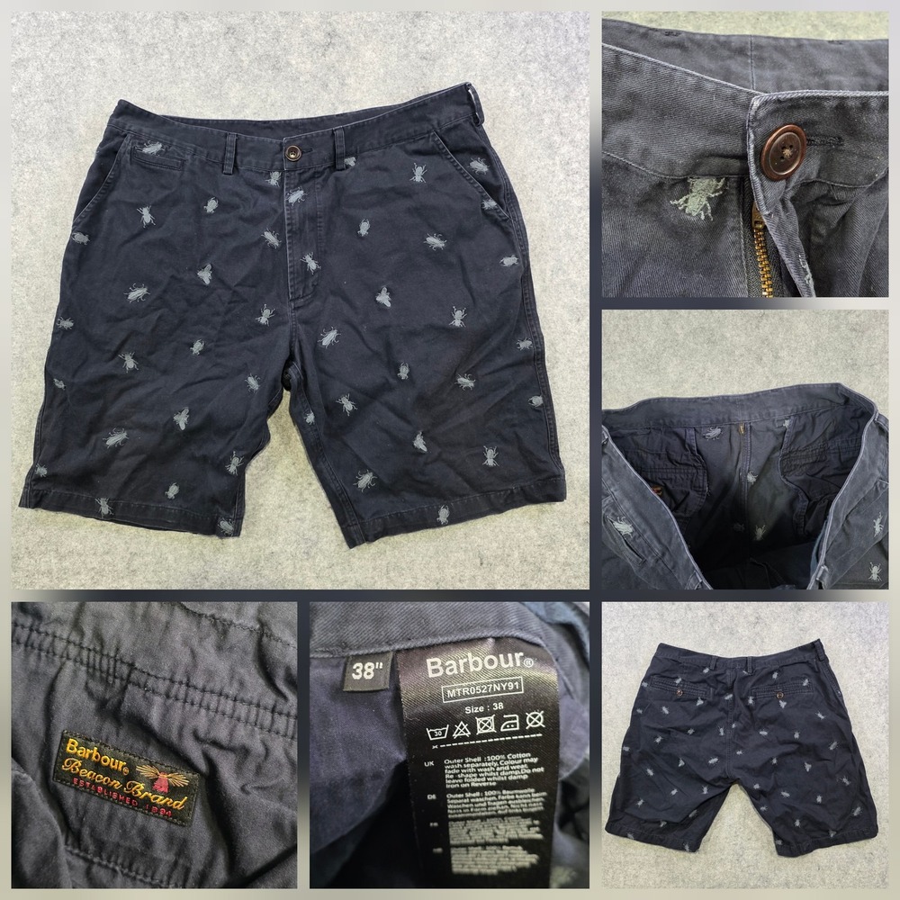 Barbour Shorts Mens 38 Blue Chino Embroidered Bug Animal Print 11‎ Inseam Cotton